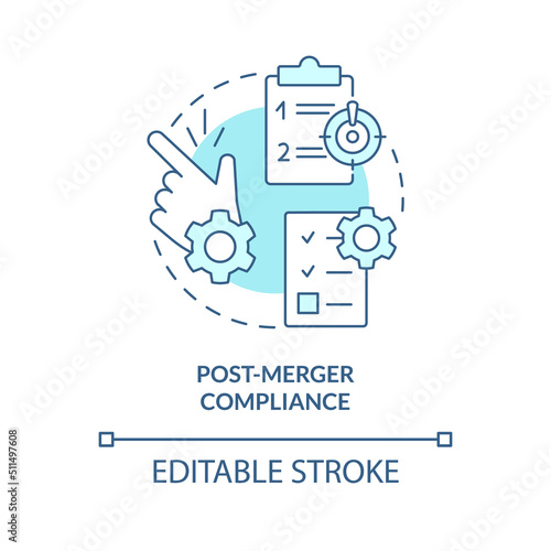 Post merger compliance turquoise concept icon. Parties obligations. Stage of merger abstract idea thin line illustration. Isolated outline drawing. Editable stroke. Arial, Myriad Pro-Bold fonts used