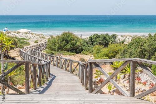 Fototapeta Naklejka Na Ścianę i Meble -  Pasarela de madera sobre dunas hacía una playa idílica con el océano atlántico de fondo.