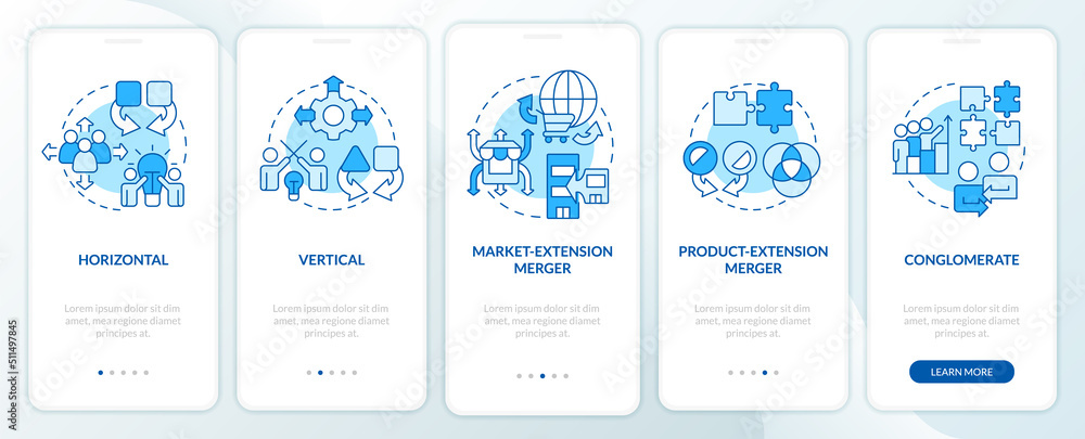 Types of mergers blue onboarding mobile app screen. Business processes walkthrough 5 steps editable graphic instructions with linear concepts. UI, UX, GUI template. Myriad Pro-Bold, Regular fonts used