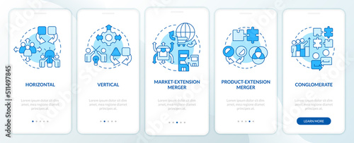 Types of mergers blue onboarding mobile app screen. Business processes walkthrough 5 steps editable graphic instructions with linear concepts. UI, UX, GUI template. Myriad Pro-Bold, Regular fonts used