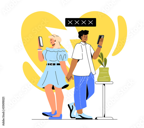 Internet addiction concept. Man and girl hold hands and walk with smartphones in hands. Gadgets and devices, modern technology and romantic date, digital world. Cartoon flat vector illustration