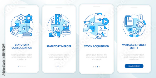 Business consolidation strategies blue onboarding mobile app screen. Walkthrough 4 steps editable graphic instructions with linear concepts. UI, UX, GUI template. Myriad Pro-Bold, Regular fonts used