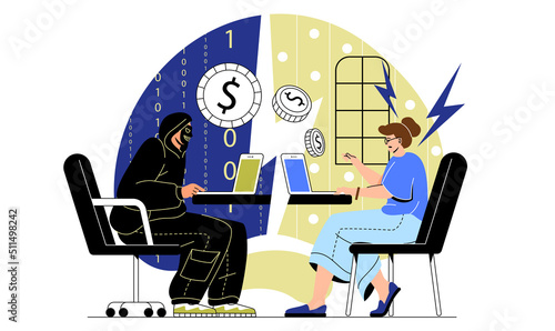 Internet fraud and scam. Masked man steals money from girls laptop. Hacking and internet security, weak protection. Problems with personal data logins and passwords. Cartoon flat vector illustration