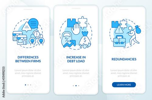 Cons of business consolidation blue onboarding mobile app screen. Walkthrough 3 steps editable graphic instructions with linear concepts. UI, UX, GUI template. Myriad Pro-Bold, Regular fonts used