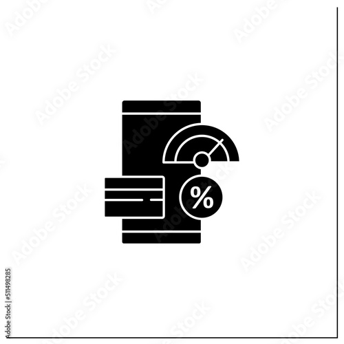 Credit score changing glyph icon. Getting bank loan. Creditworthiness analysis. Interest rate. Mobile banking service concept.Filled flat sign. Isolated silhouette vector illustration