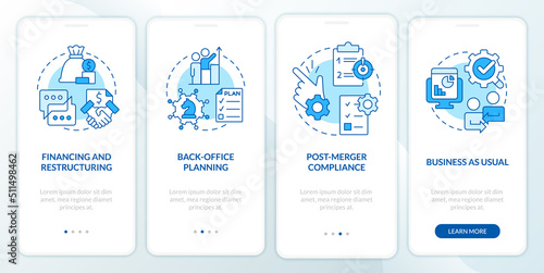 Business merger stages blue onboarding mobile app screen. Corporate walkthrough 4 steps editable graphic instructions with linear concepts. UI, UX, GUI template. Myriad Pro-Bold, Regular fonts used