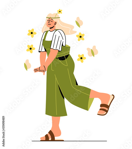 MBTI person concept. Myers Briggs personality typology. Young girl with flowers. Metaphor of love for nature, creative person and beauty and aesthetics lover. Cartoon flat vector illustration