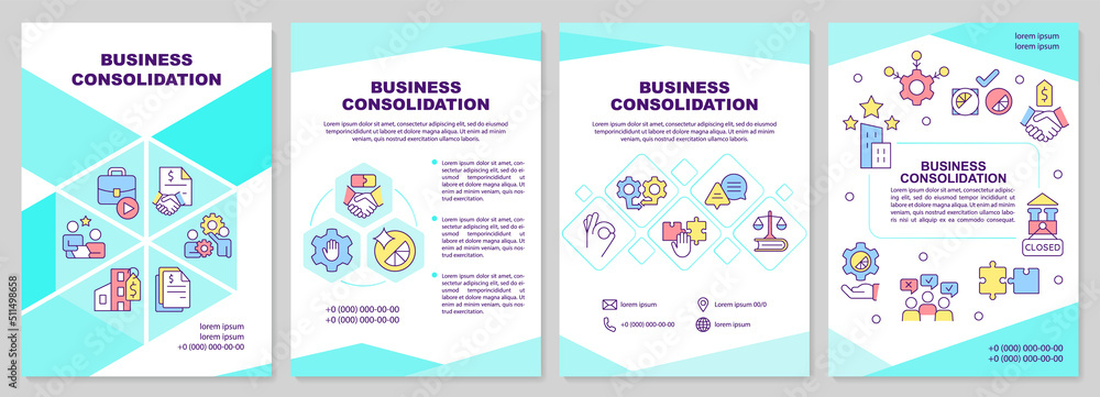 Business consolidation mint brochure template. Marketing. Leaflet design with linear icons. Editable 4 vector layouts for presentation, annual reports. Arial-Black, Myriad Pro-Regular fonts used
