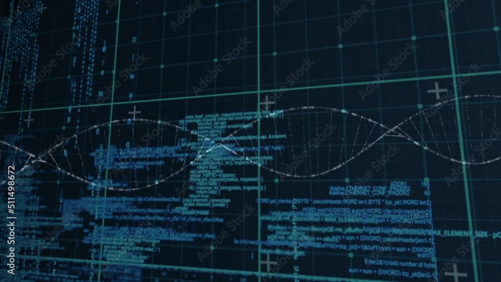 Animation of digital screen with data and dna on black background Animation of digital screen with data and dna on black background