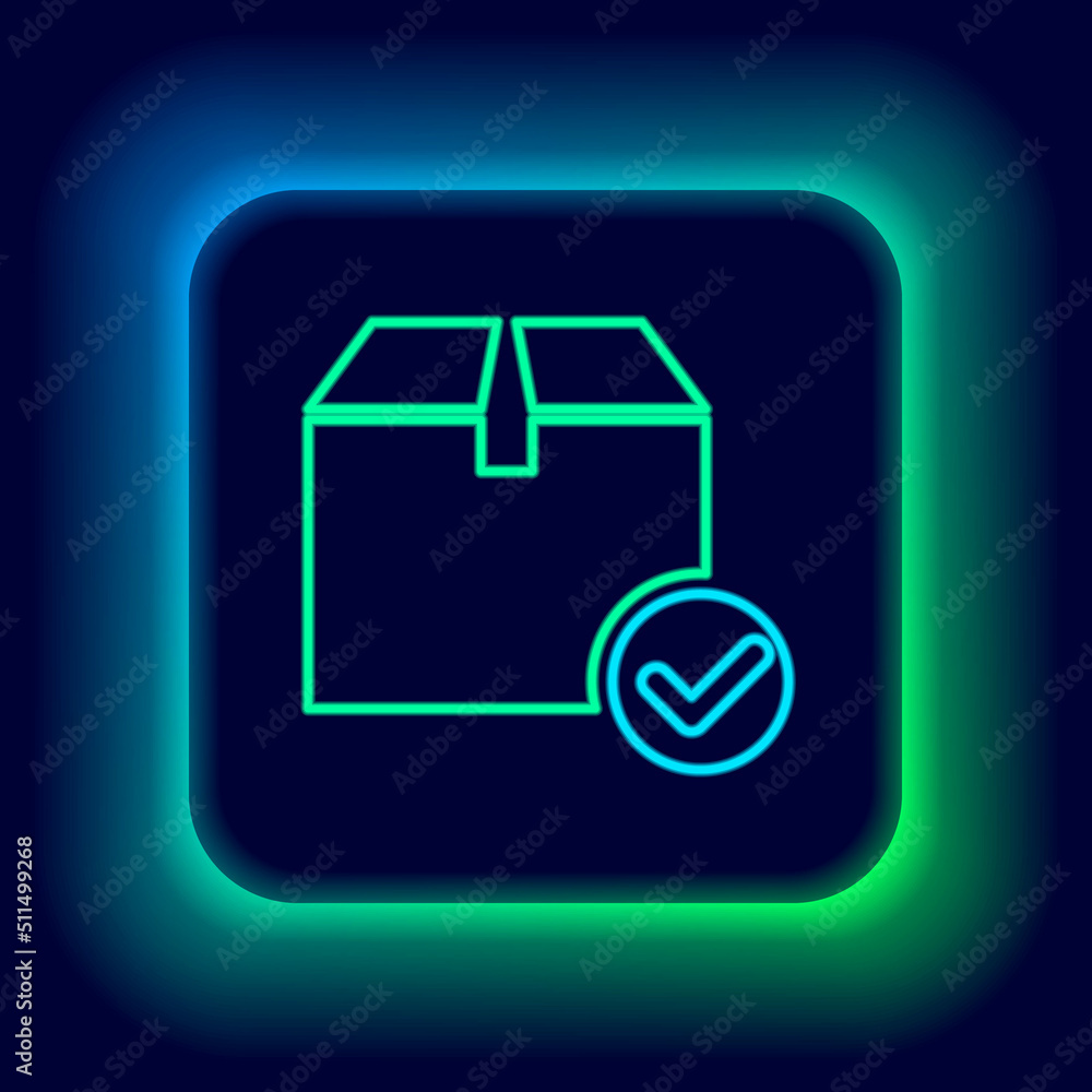 Glowing neon line Package box with check mark icon isolated on black background. Parcel box with checkmark. Approved delivery or successful package receipt. Colorful outline concept. Vector Glowing neon line Package box with check mark icon isolated on black background. Parcel box with checkmark. Approved delivery or successful package receipt. Colorful outline concept. Vector