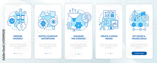 Adaptability tips blue onboarding mobile app screen. Embrace changes walkthrough 5 steps editable graphic instructions with linear concepts. UI, UX, GUI template. Myriad Pro-Bold, Regular fonts used