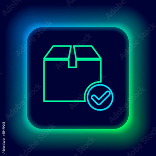 Glowing neon line Package box with check mark icon isolated on black background. Parcel box with checkmark. Approved delivery or successful package receipt. Colorful outline concept. Vector