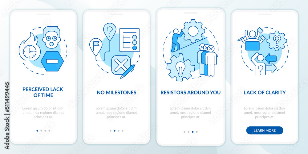 Fototapeta premium Barriers to change management blue onboarding mobile app screen. Walkthrough 4 steps editable graphic instructions with linear concepts. UI, UX, GUI template. Myriad Pro-Bold, Regular fonts used
