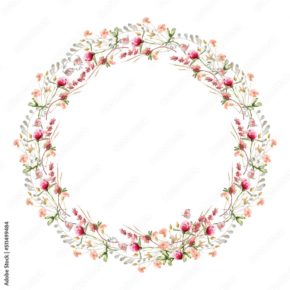 Wild flowers watercolor wreath botanical hand drawn illustration Wild flowers watercolor wreath botanical hand drawn illustration