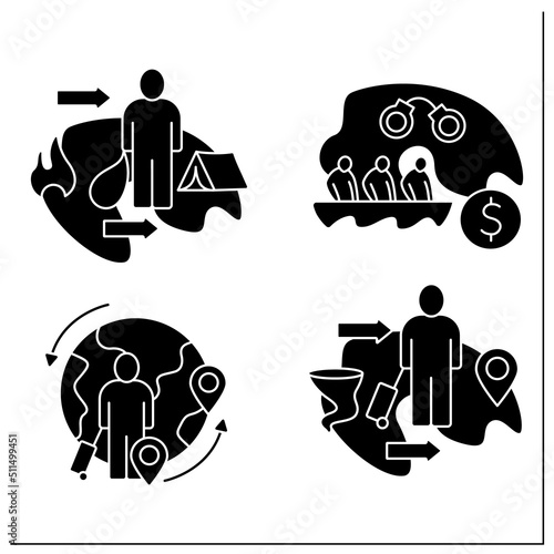 Migration glyph icons set. Climate, circular migration, refugee, migrants smuggling. Relocation concept.Filled flat signs. Isolated silhouette vector illustrations