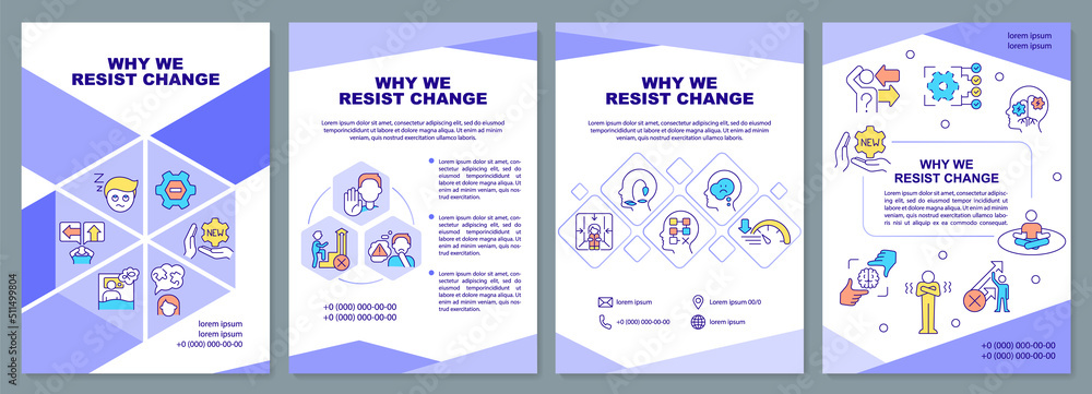 Why we resist change purple brochure template. Nonconformism. Leaflet design with linear icons. Editable 4 vector layouts for presentation, annual reports. Arial-Black, Myriad Pro-Regular fonts used