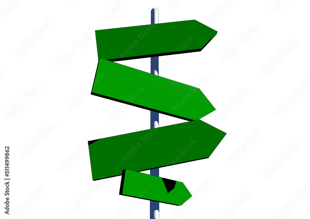 Pillar with 4 empty boards in green color indicating directions for tourists with cartoon effect.3d render illustration. Pillar with 4 empty boards in green color indicating directions for tourists with cartoon effect.3d render illustration.