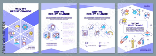 Why we resist change purple brochure template. Nonconformism. Leaflet design with linear icons. Editable 4 vector layouts for presentation, annual reports. Arial-Black, Myriad Pro-Regular fonts used