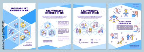 Adaptability enemies in HR blue brochure template. Problems. Leaflet design with linear icons. Editable 4 vector layouts for presentation, annual reports. Arial-Black, Myriad Pro-Regular fonts used