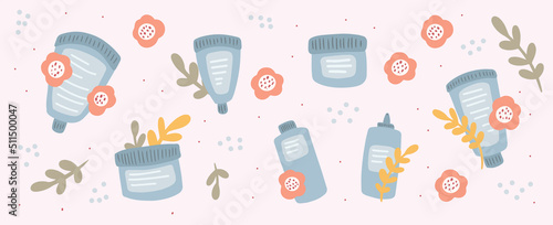 Vector Hand drawn Natural Organic cosmetic Bottle set. Leaves and flowers. Spa bio Creams concept in flat design.Isolated illustration