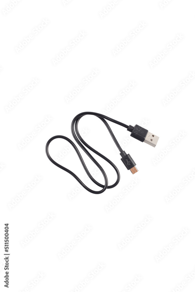 Close-up of a USB cable with standard A and micro-USB standard B connectors isolated on a white background. Black cable for data transfer between devices. Close-up of a USB cable with standard A and micro-USB standard B connectors isolated on a white background. Black cable for data transfer between devices.