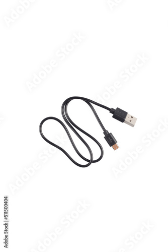 Close-up of a USB cable with standard A and micro-USB standard B connectors isolated on a white background. Black cable for data transfer between devices.