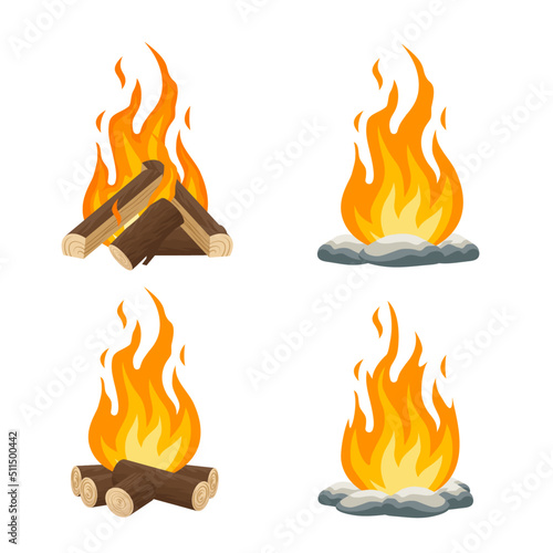 Bonfire set in vector cartoon style. Campfire with firewood and rocks. Bonfire with wood and stones. Pyramid firewood pile. Stack of bricks. Fireplace