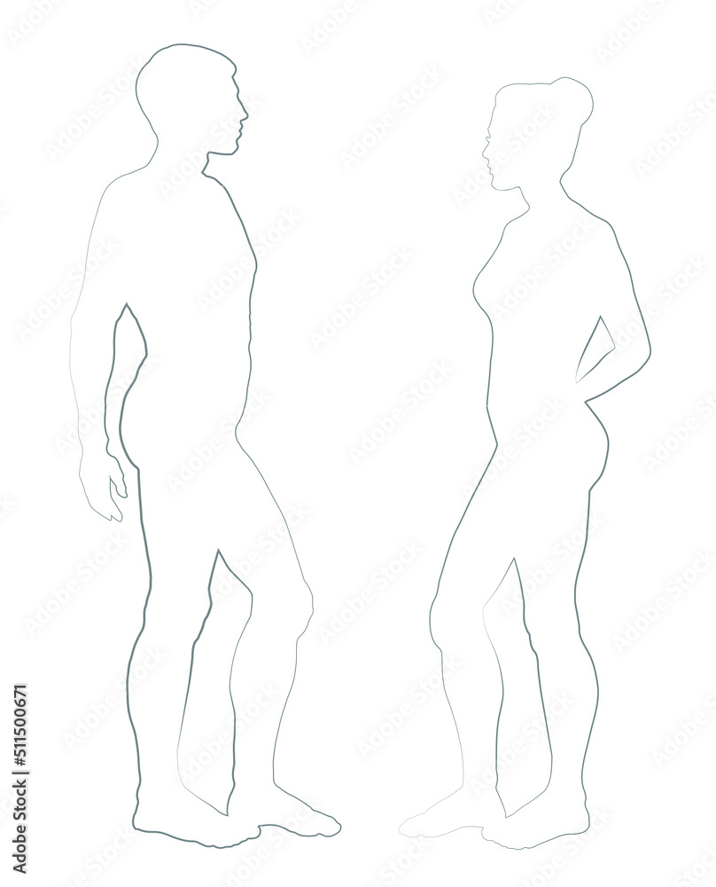 Male and female stands sideways. Vector drawing Male and female stands sideways. Vector drawing