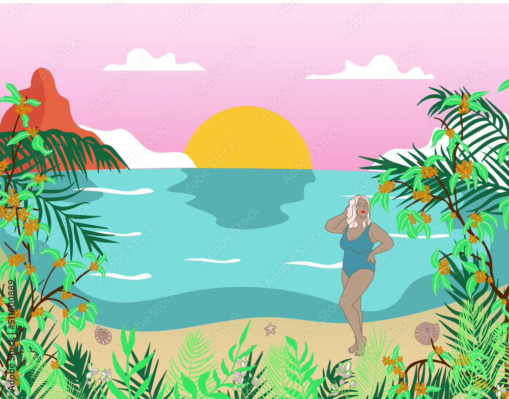 tropical beach vector plus size girl posing on exotic shore
