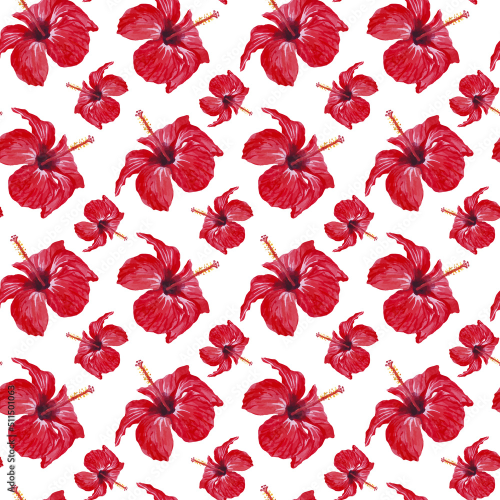 Fototapeta premium Watercolor seamless pattern with tropical hibiscus flowers, summer background.