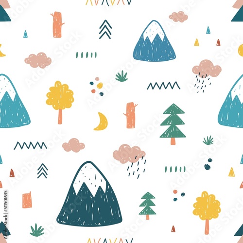 Vector seamless repeating cute children's pattern with hand-drawn mountains, trees, clouds on a white background. Children's texture for fabric, wallpaper, clothing, wrapping in Scandinavian style.