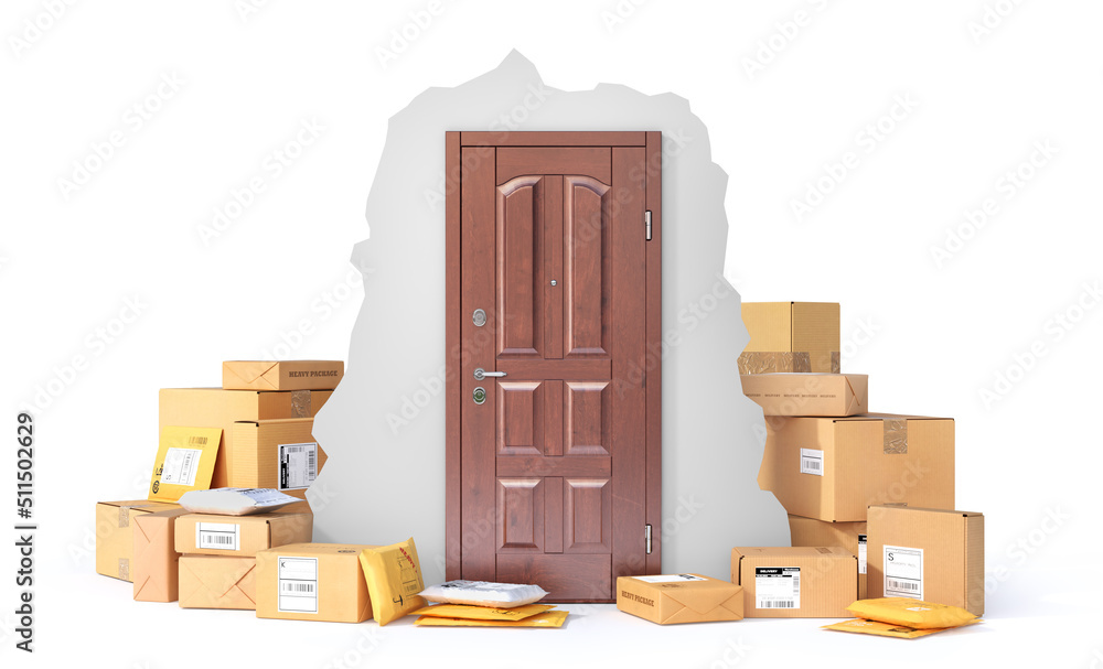 Delivery concept. Cardboard boxes and mail packages near door on a white background. 3d illustration Delivery concept. Cardboard boxes and mail packages near door on a white background. 3d illustration