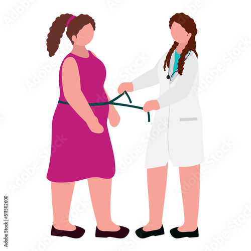 Faceless Female Doctor Measuring To Patient Waist With Tape Against White Background.