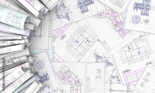 blueprints in roll row 3d illustration