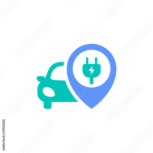 electric car charging spot battery energy station location icon vector illustration. aev vehicle with pin map point and electricity plug in cable symbol graphic design.