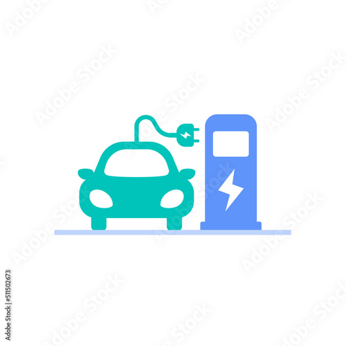 electric car charging battery on the energy refuel terminal station icon vector illustration. ev vehicle with plug in cable and charge spot symbol graphic design.