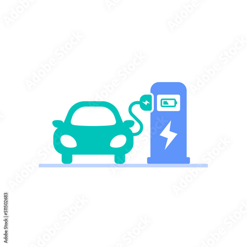 electric car charging battery on the energy refuel terminal station icon vector illustration. ev vehicle with plug in cable and charge spot symbol graphic design.