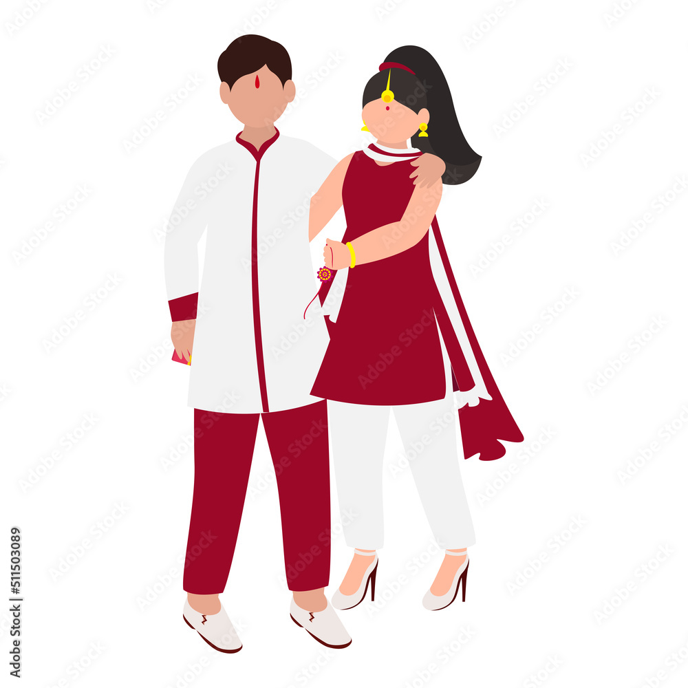 Faceless Indian Young Girl Standing With Her Brother On White Background.