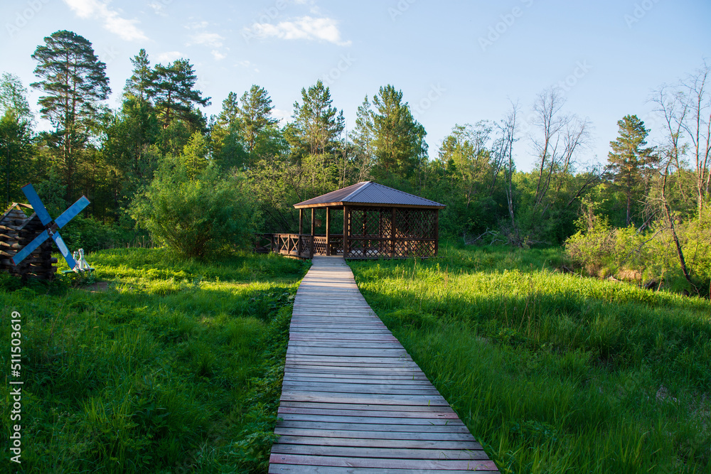 a tourist road made of wooden bars in the forest.view of the forest, road and gazebo.