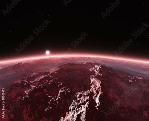 Fototapeta Naklejka Na Ścianę i Meble -  Alien landscape, alien planet stone desert, , mars, martian sunset, 3d rendering