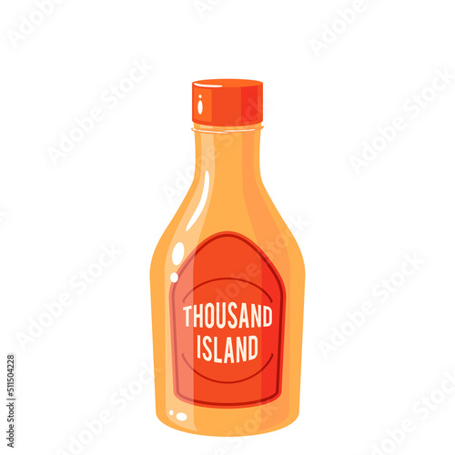 Thousand island dressing bottle, american traditional sauce. Vector illustration cartoon icon isolated on white background.