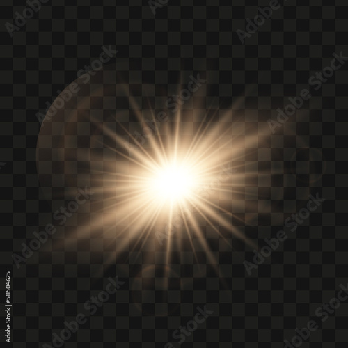 Gold glowing light star on a black background. Transparent shining sun  star explodes and bright flash. Gold bright illustration starburst. 
