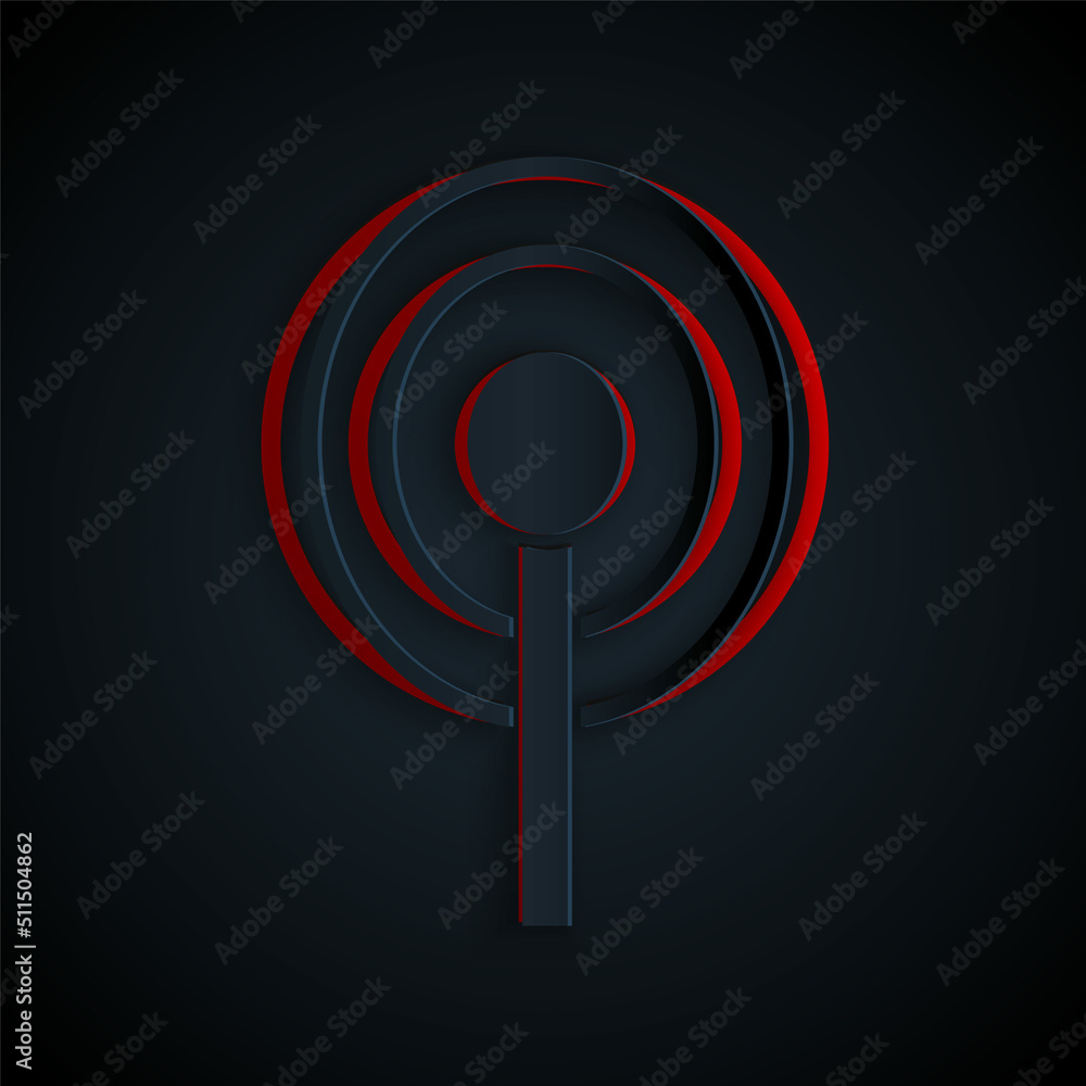 Paper cut Antenna icon isolated on black background. Radio antenna wireless. Technology and network signal radio antenna. Paper art style. Vector Paper cut Antenna icon isolated on black background. Radio antenna wireless. Technology and network signal radio antenna. Paper art style. Vector