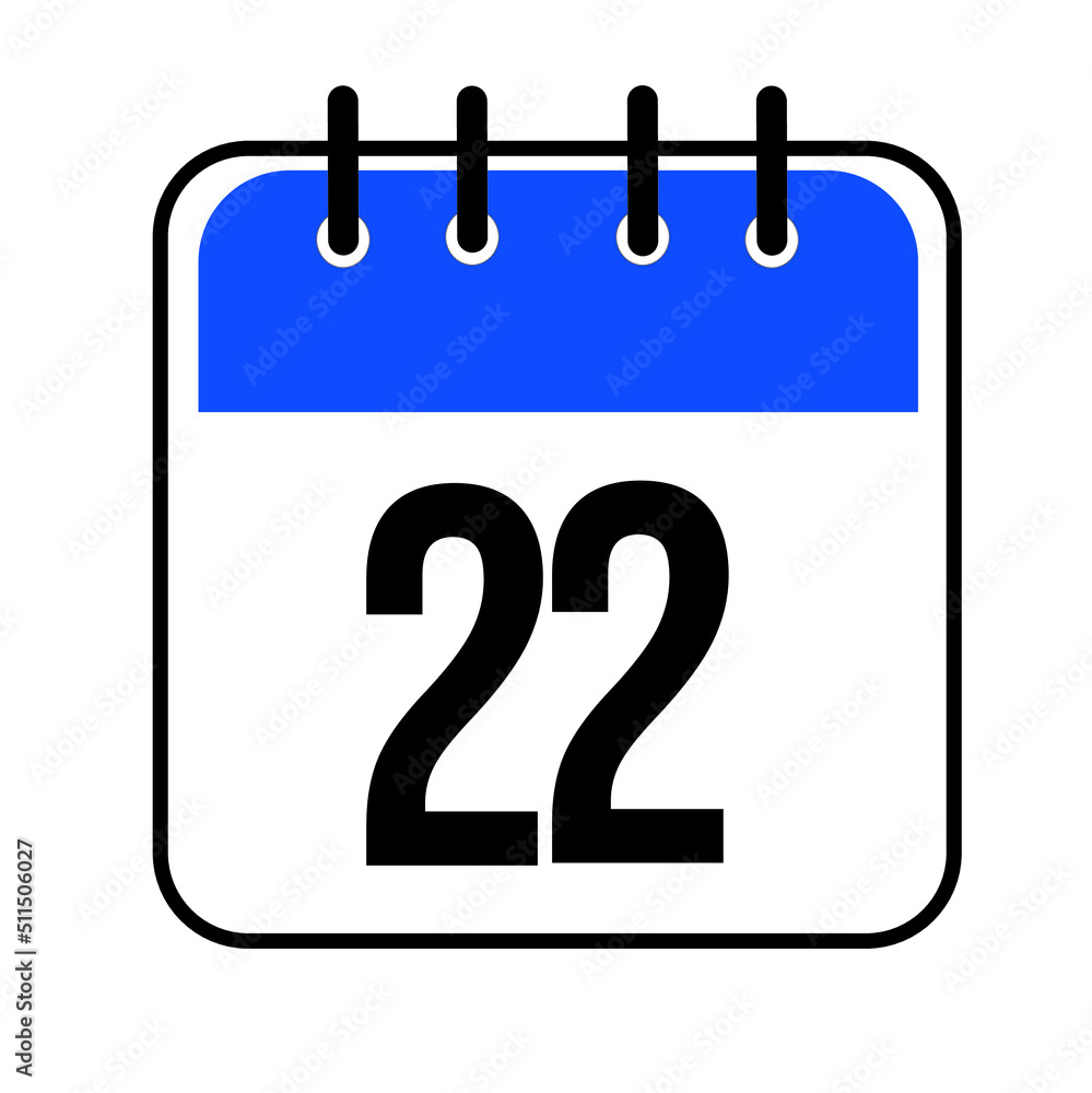 Calendar day 22. Number twenty two on a white paper with blue border isolated on white background. Vector ilustration. Calendar day 22. Number twenty two on a white paper with blue border isolated on white background. Vector ilustration.