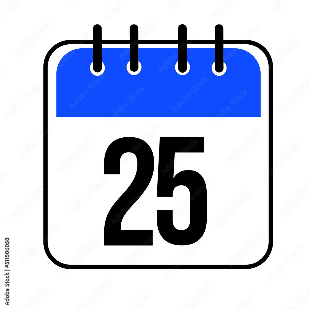 Calendar day 25. Number twenty five on a white paper with blue border isolated on white background. Vector ilustration. Calendar day 25. Number twenty five on a white paper with blue border isolated on white background. Vector ilustration.