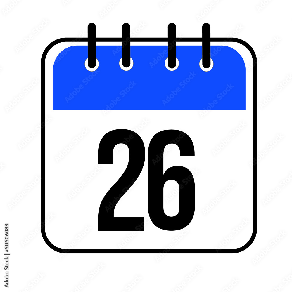 Calendar day 26. Number twenty six on a white paper with blue border isolated on white background. Vector ilustration. Calendar day 26. Number twenty six on a white paper with blue border isolated on white background. Vector ilustration.