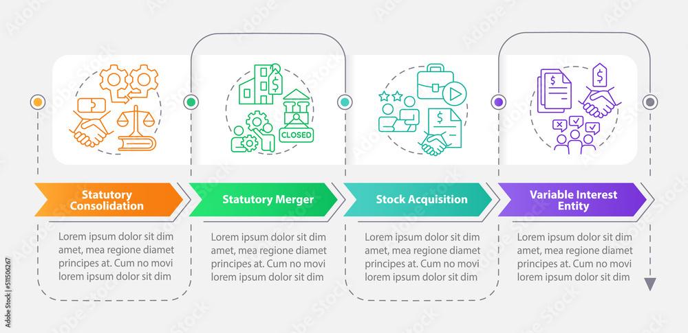 Business consolidation strategies rectangle infographic template. Data visualization with 4 steps. Editable timeline info chart. Workflow layout with line icons. Myriad Pro-Bold, Regular fonts used