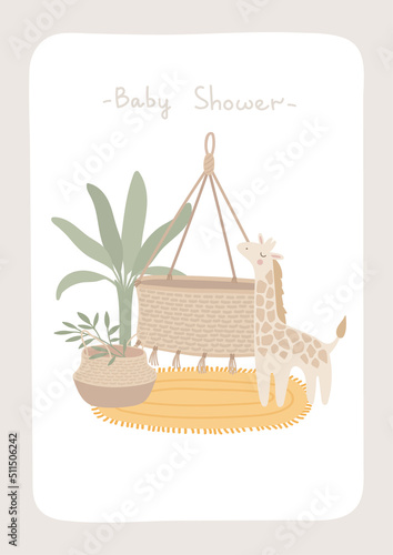Children's room interior scene with wicker furniture in boho style. Cozy interior, cradle, shelf, giraffe, toy, basket, carpet, palm tree, leaves. Hygge trendy Scandinavian kids interior.