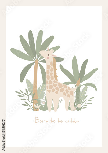 Cute vector with giraffe and palm trees, leaves, branches. Cartoon animal and banana trees, jungle elements, wild animal. Design for card, poster covers, nursery decoration