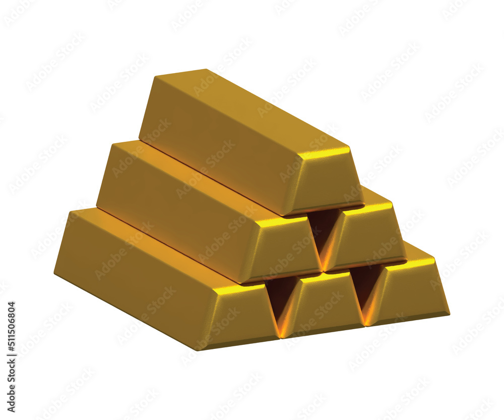 Gold bullions isolated on white background. 3D rendering illustration of gold bars as a business financial banking concept. Gold ingots isolated on white.
